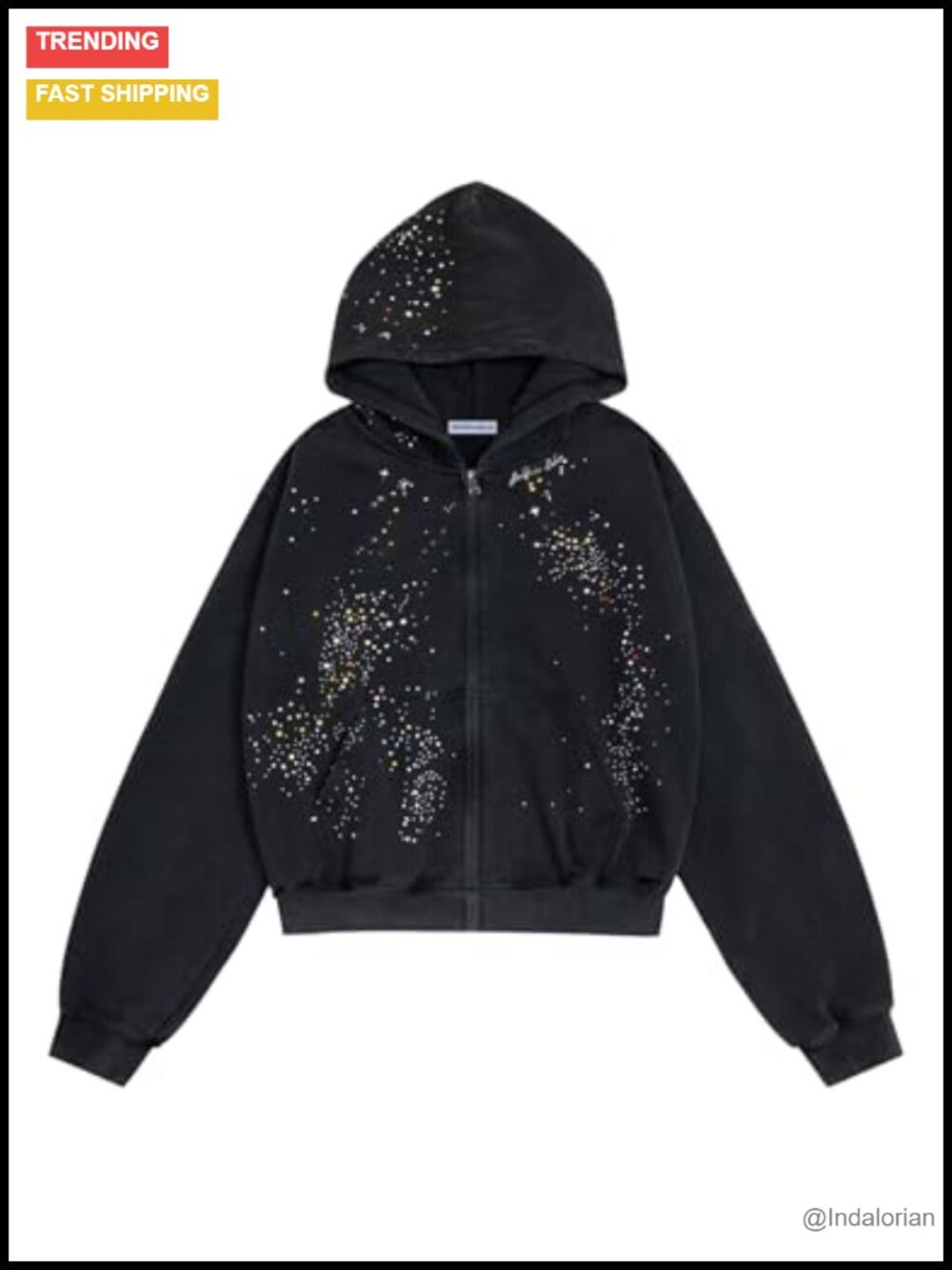 Unisex Rhinestone Zip Up Hoodie Y2K Loose Cotton Crystal Star Streetwear